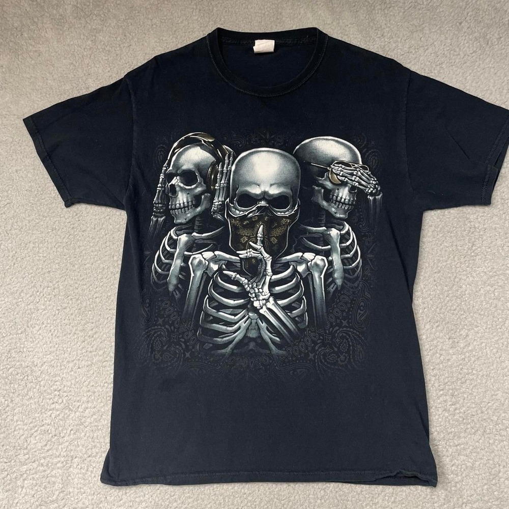 Fruit of the Loom T-Shirt Mens Medium Black Skeletons Graphic Grunge Y2K Cotton